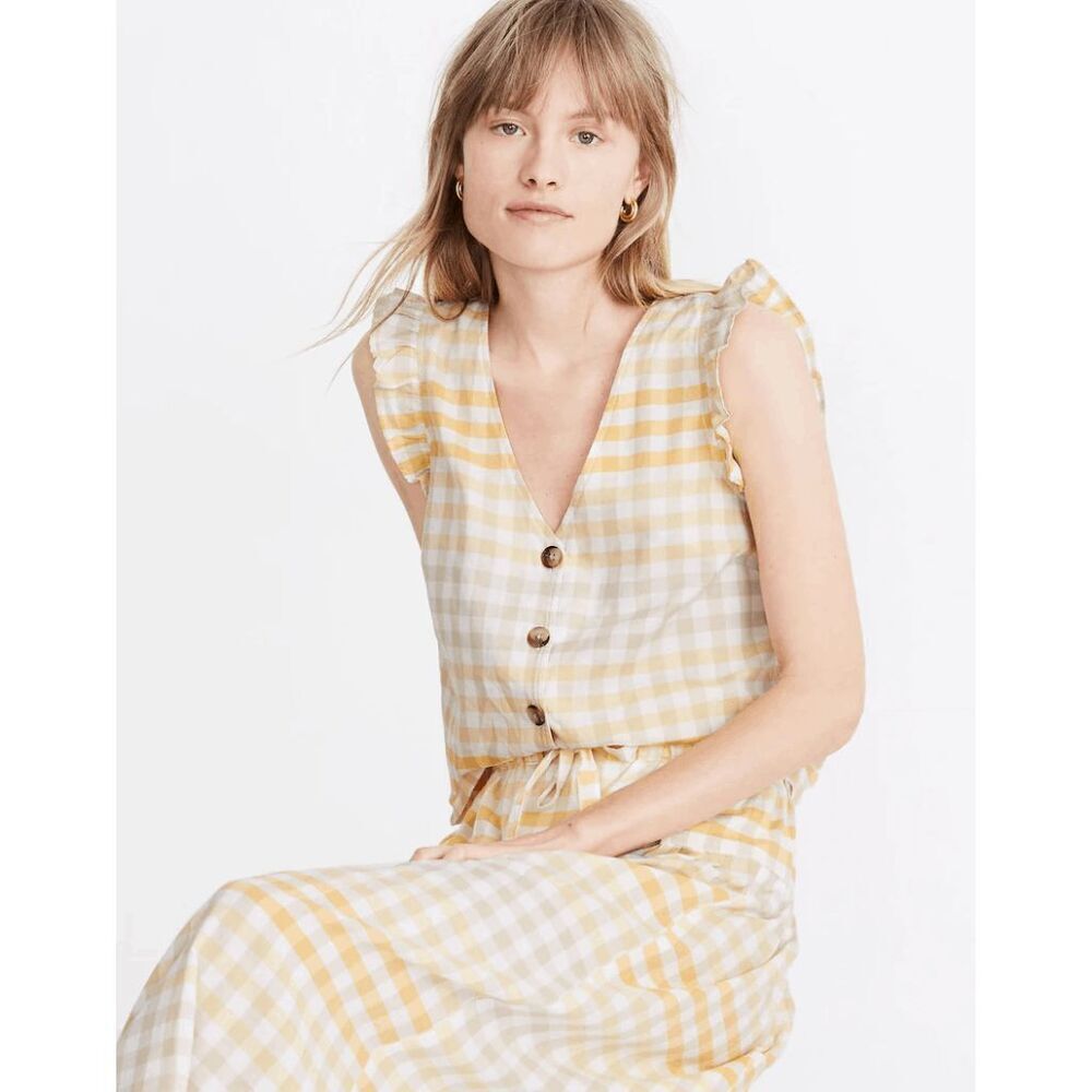 Madewell Yellow Gingham Plaid Ombre Ruffle Button-Front Tank Top Women's 8